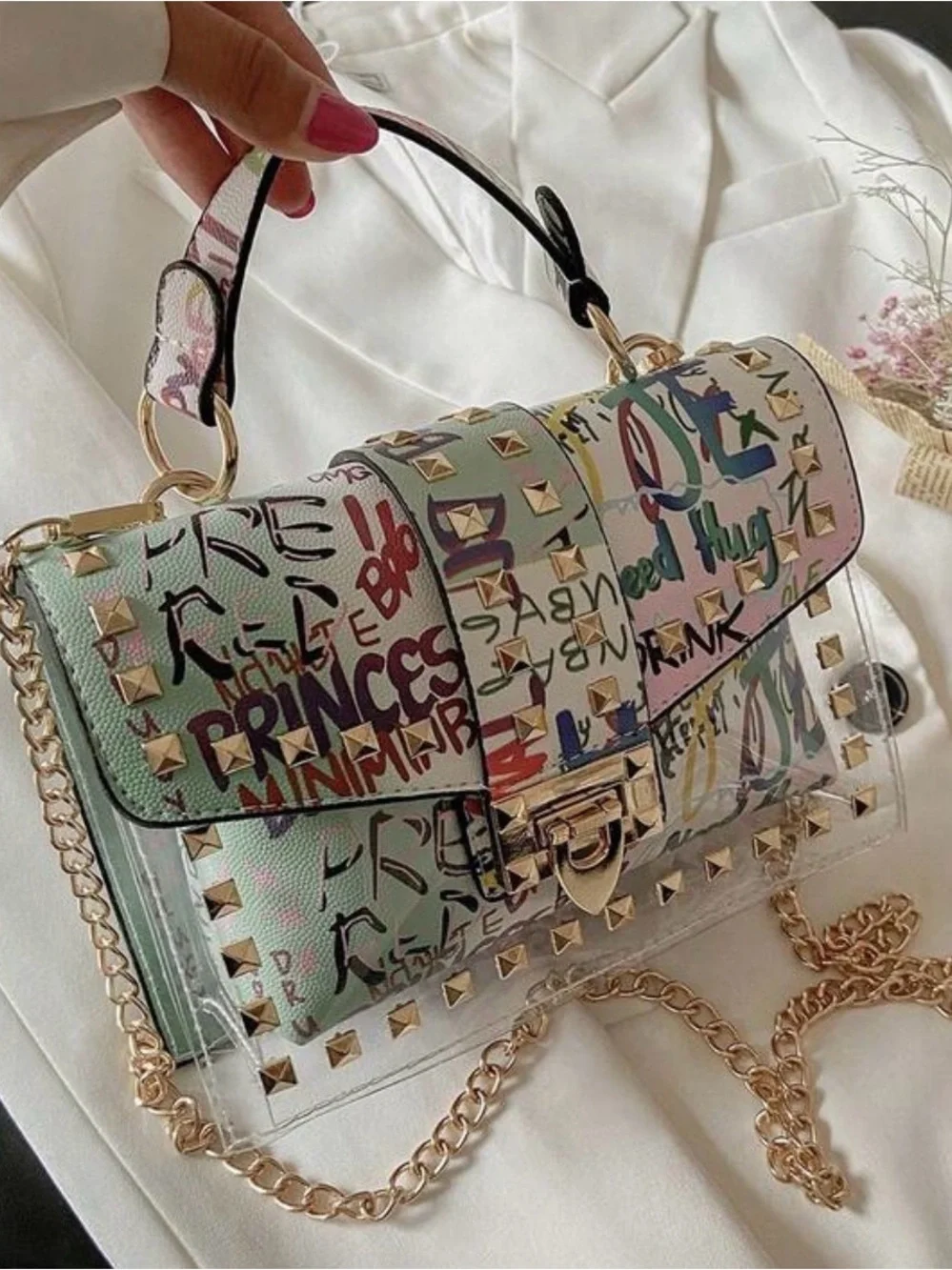 Pastel Multi Graffiti Studded Crossbody Bag with Chain Strap - Picture 6 of 7